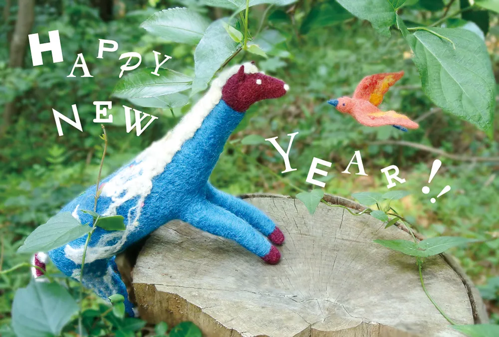 羊毛フェルトの馬と鳥の立体イラスト