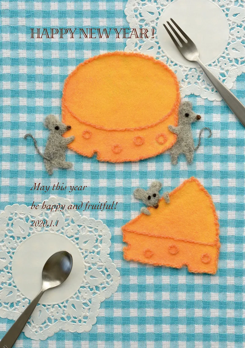 ネズミとチーズの羊毛フェルトイラスト
