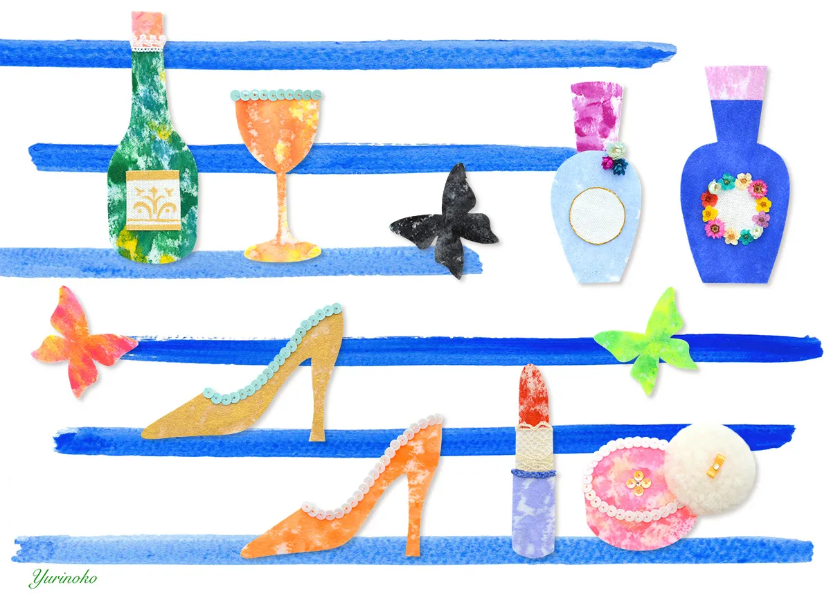 大人の女性向けのファッションイラスト　コスメ化粧品　口紅　靴　フェルト