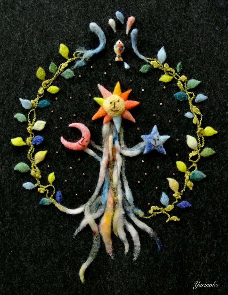 太陽と木の羊毛フェルト半立体イラスト