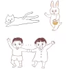 猫とウサギと男の子と女の子の線画イラスト