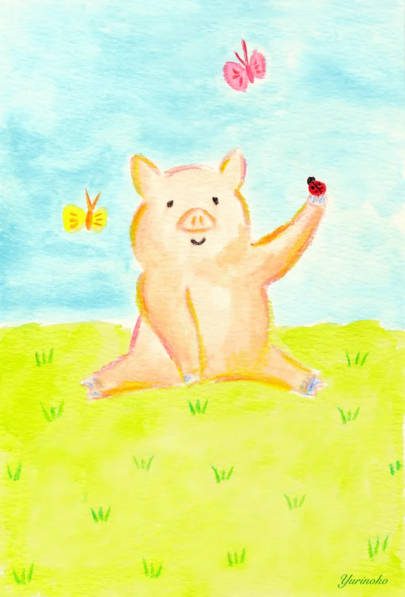 草原にいる豚とちょうちょの水彩のかわいいイラスト