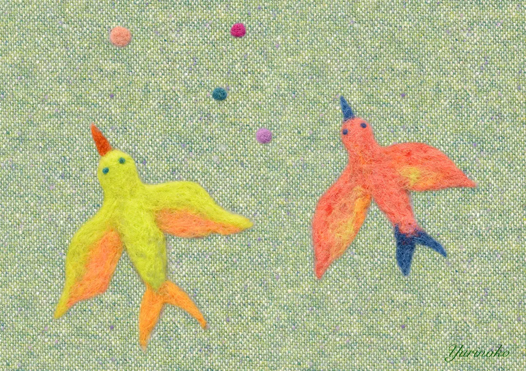 かわいい羊毛フェルトの鳥の作品